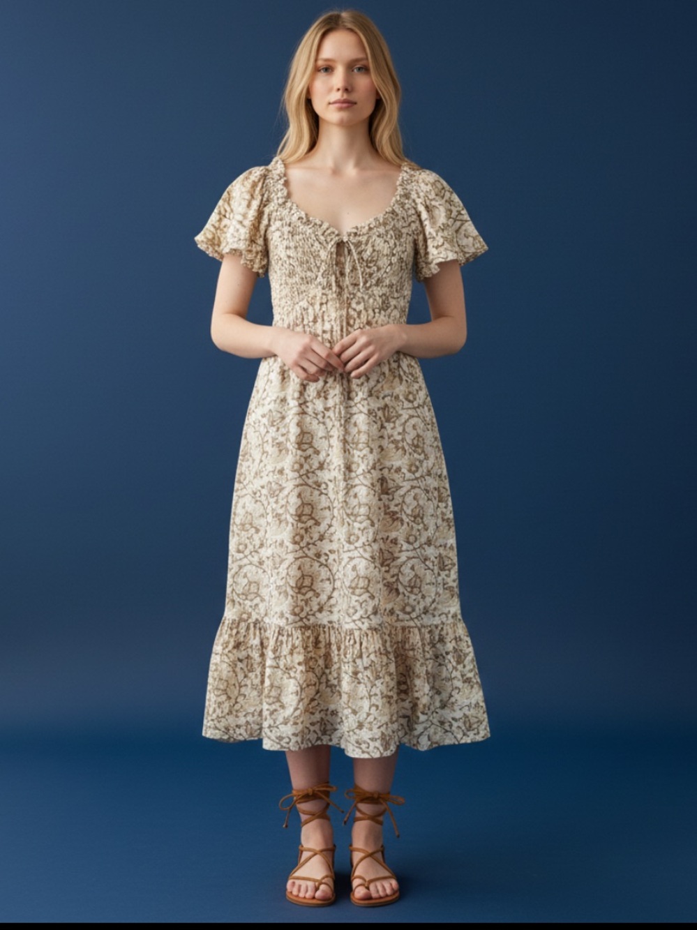 Cleobella Cream and Brown Floral Midi Peasant Dress